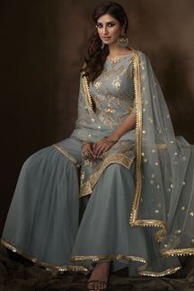 Picture of Grey Colored Embroidered Net Gharara Suit With Dupatta (Unstitched suit)