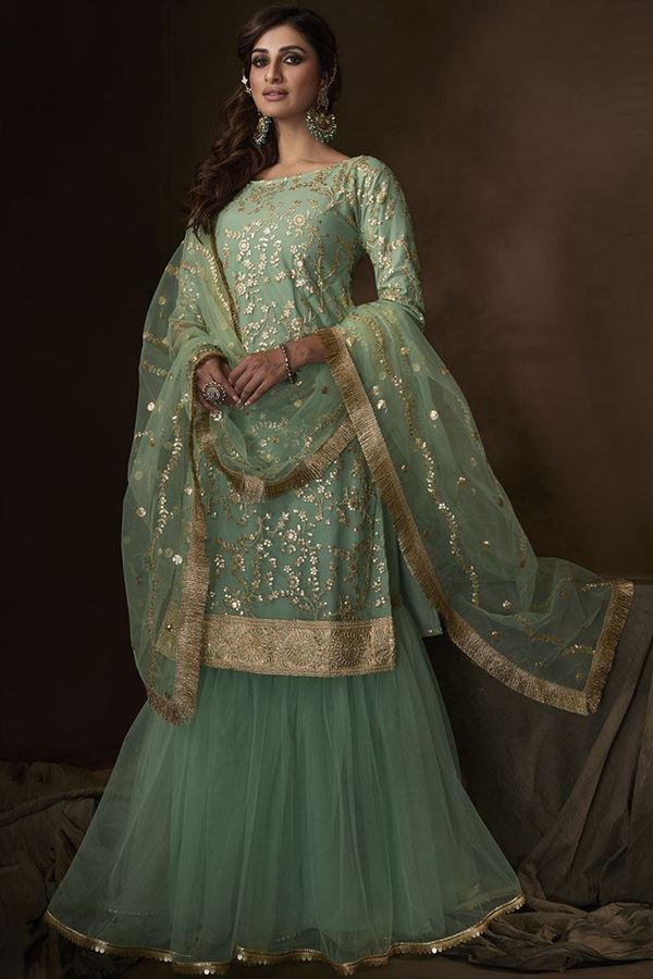 Picture of Green Colored Embroidered Net Gharara Suit With Dupatta (Unstitched suit)