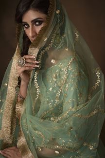 Picture of Green Colored Embroidered Net Gharara Suit With Dupatta (Unstitched suit)