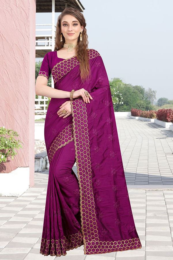 Picture of Exceptional Two Tone Vichitra Silk Designer Magneta Colored Saree
