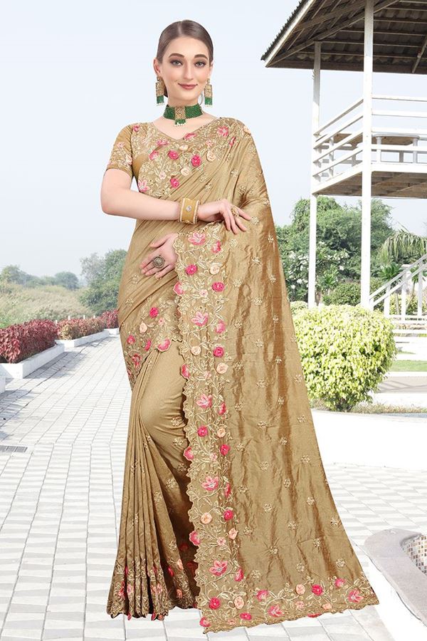 Picture of Enthralling Brown Colored Color Two Tone Vichitra Silk Saree