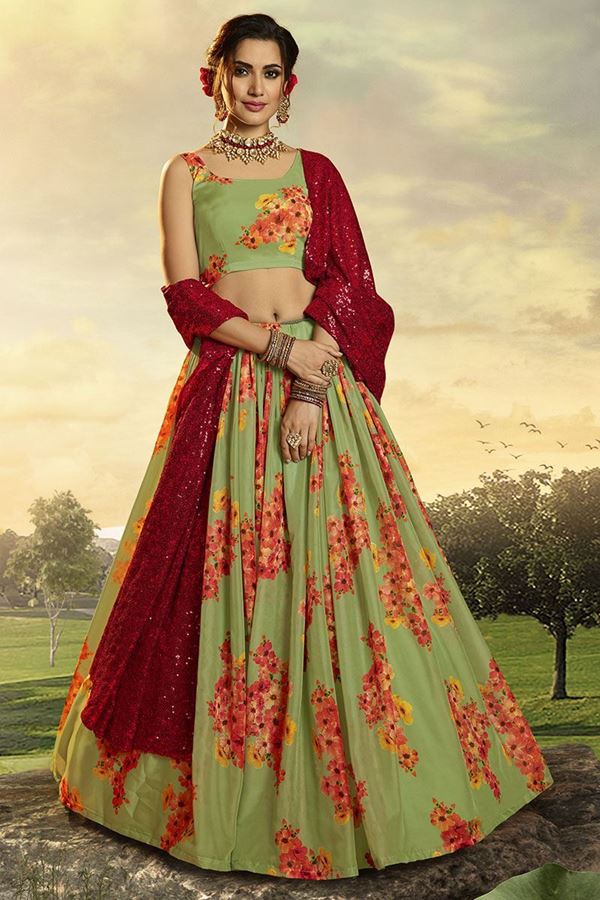 Picture of Green Colored Floral Print Organza Designer Lehenga Choli