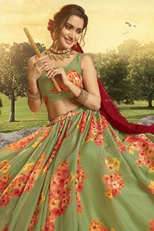 Picture of Green Colored Floral Print Organza Designer Lehenga Choli