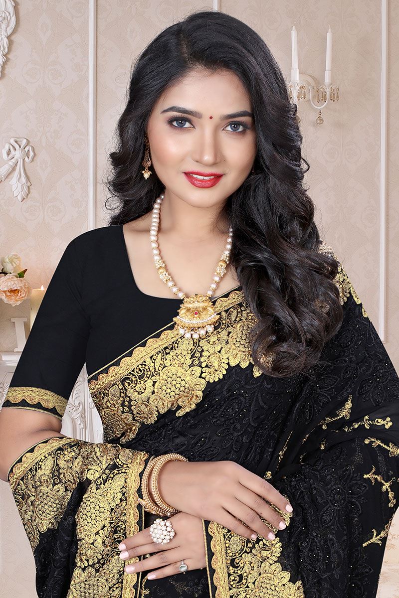 black georgette party wear saree 24006