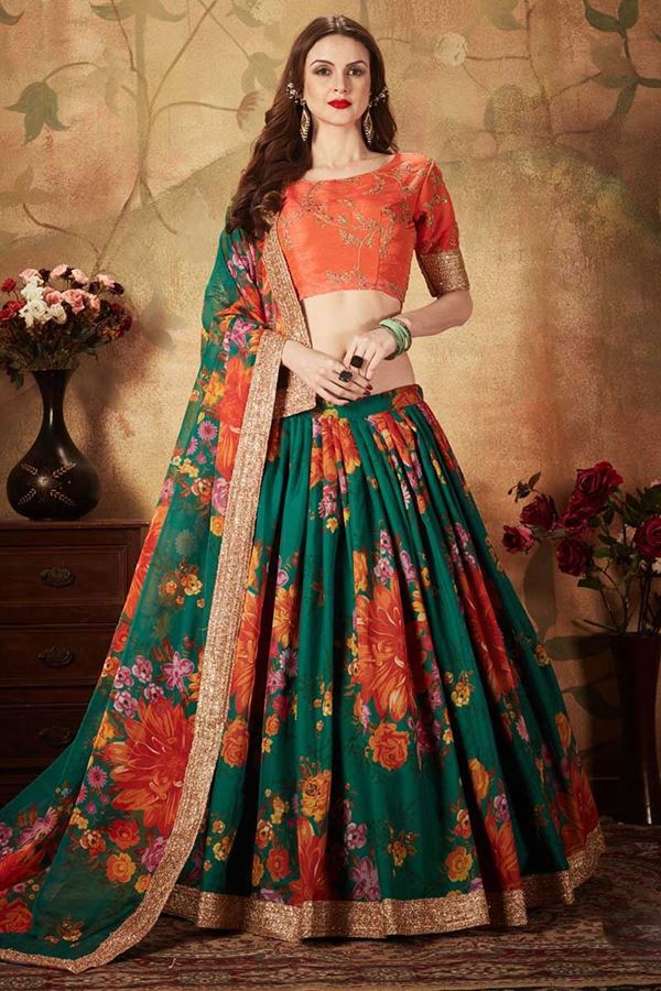 Picture of Vibrant Orange and Green Colored Lehenga Choli