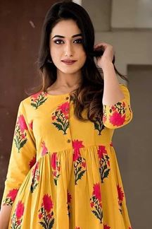 Picture of Golden Yellow Colored Muslin Long Kurti