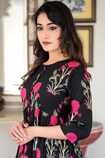 Picture of Designer Partywear Printed Black Muslin Kurti