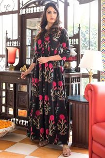 Picture of Designer Partywear Printed Black Muslin Kurti