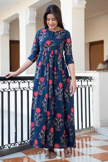 Picture of Designer Partywear Printed Blue Muslin Kurti
