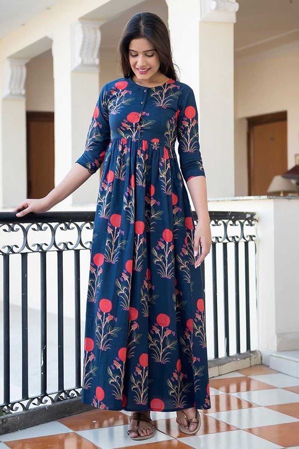 Picture of Designer Partywear Printed Blue Muslin Kurti