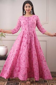 Picture of Partywear Designer Foil Print Pink Kurti