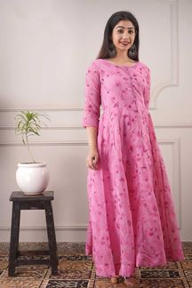 Picture of Partywear Designer Foil Print Pink Kurti