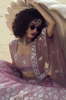 Picture of Exotic Lilac Colored Partywear Embroidered Net Lehenga Choli