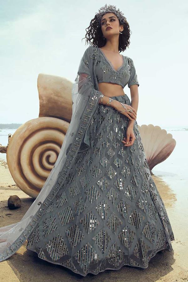 Picture of Stunning Grey Colored Partywear Embroidered Net Lehenga Choli