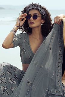 Picture of Stunning Grey Colored Partywear Embroidered Net Lehenga Choli