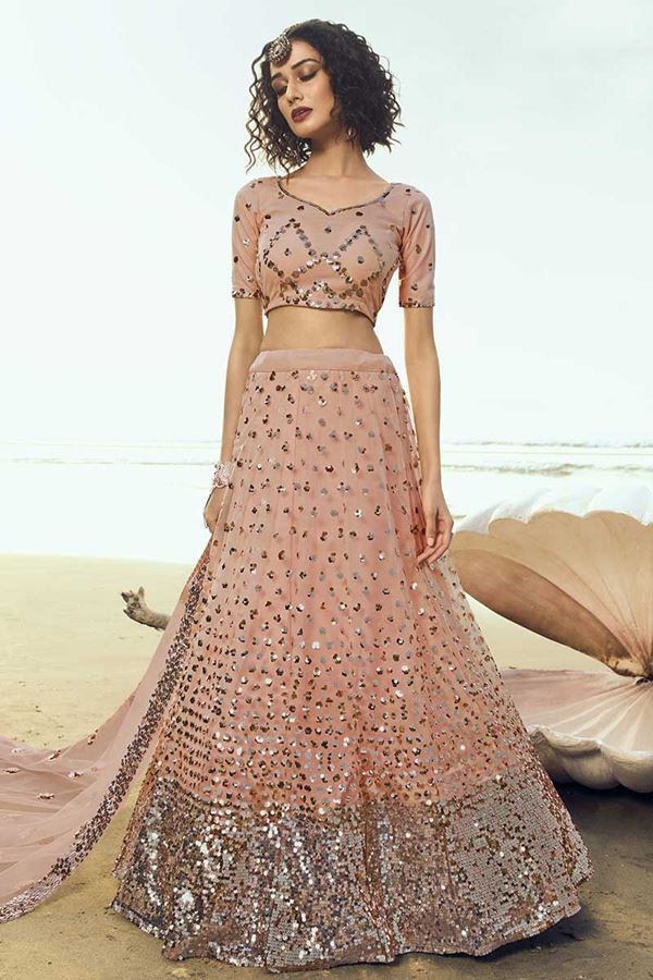 Picture of Elegant Peach Colored Partywear Embroidered Net Lehenga Choli