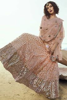 Picture of Elegant Peach Colored Partywear Embroidered Net Lehenga Choli