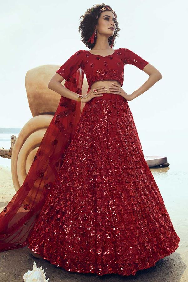 Picture of Demanding Red Colored Partywear Embroidered Net Lehenga Choli