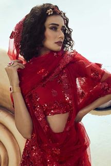 Picture of Demanding Red Colored Partywear Embroidered Net Lehenga Choli