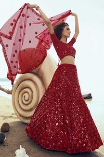 Picture of Demanding Red Colored Partywear Embroidered Net Lehenga Choli
