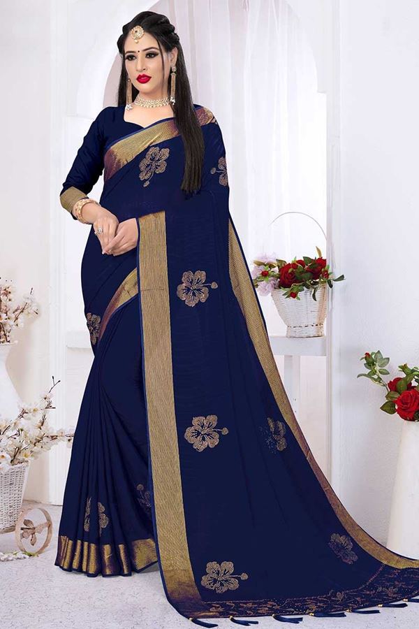 Picture of Pretty Navy Blue Silk Satin Wedding Wear Designer Saree