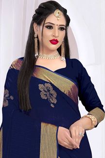 Picture of Pretty Navy Blue Silk Satin Wedding Wear Designer Saree