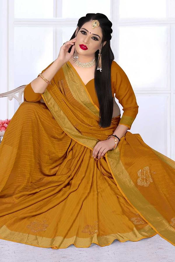 Picture of Dazzling Mustard Colored Silk Satin Wedding Wear Designer Saree