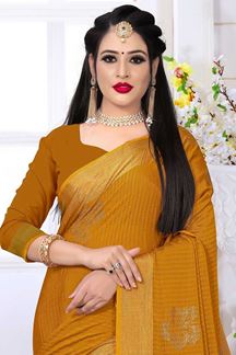 Picture of Dazzling Mustard Colored Silk Satin Wedding Wear Designer Saree