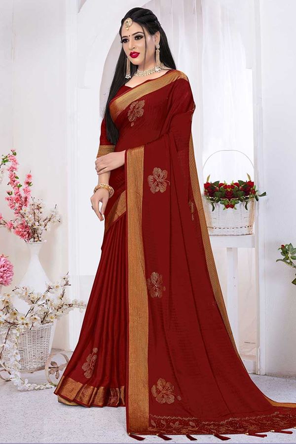 Picture of Prettified Maroon Colored Silk Satin Wedding Wear Designer Saree