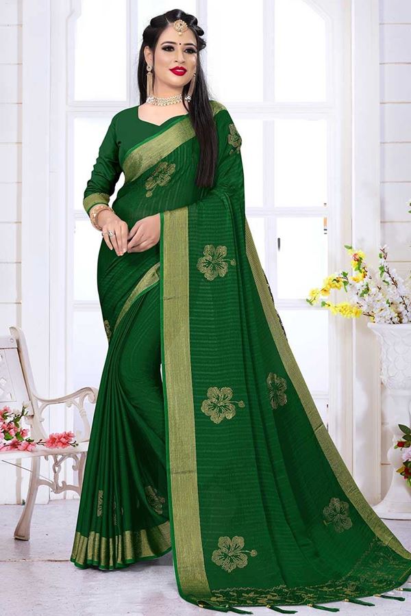 Picture of Classified Bottle Green Colored Silk Satin Wedding Wear Designer Saree