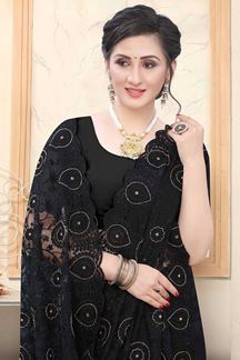 Picture of Black Colored Net With Embroidery Work Saree