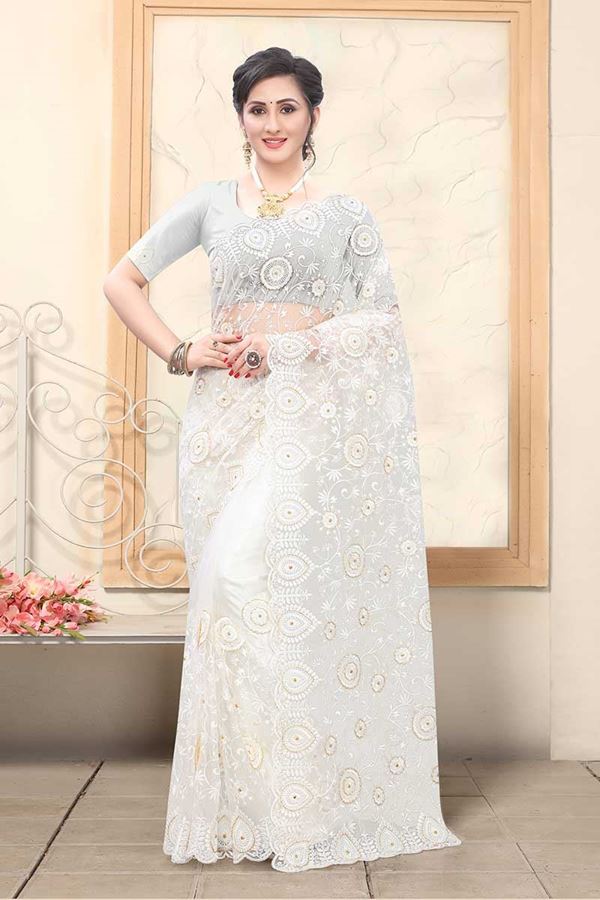 Picture of White Colored Net With Embroidery Work Saree
