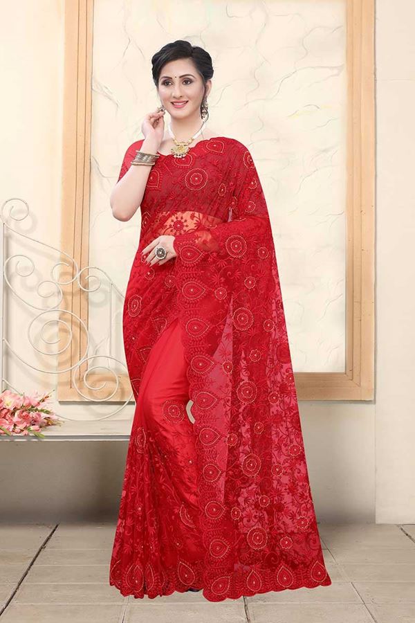 Picture of Red Colored Net With Embroidery Work Saree