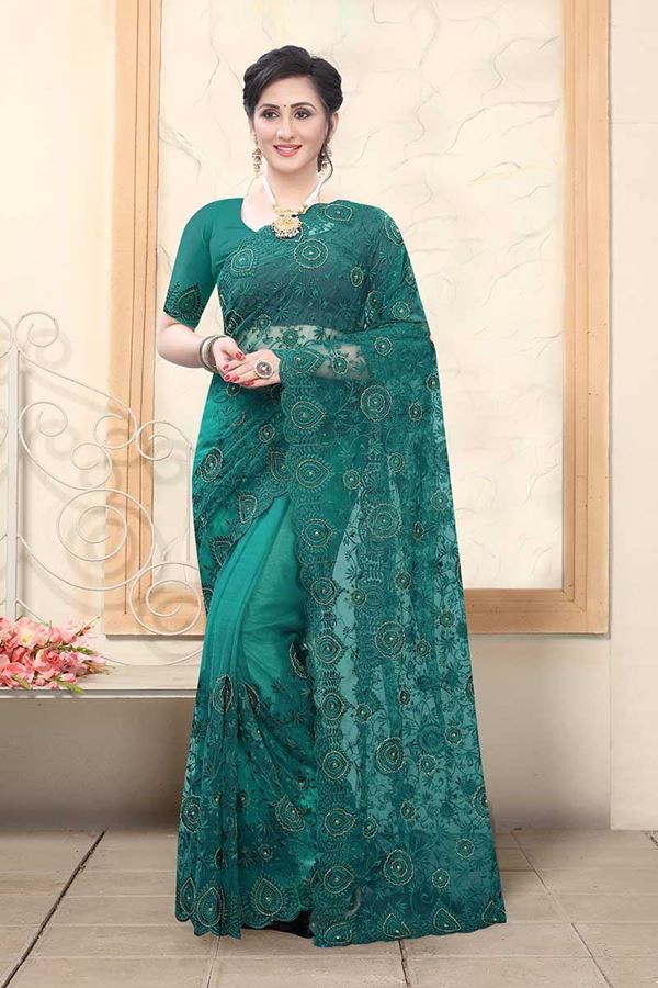 Picture of Teal Green Colored Net With Embroidery Work Saree