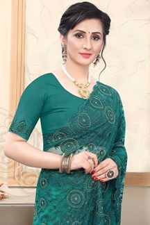 Picture of Teal Green Colored Net With Embroidery Work Saree
