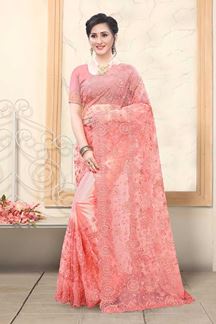 Picture of Pink Colored Net With Embroidery Work Saree