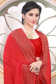 Picture of Red Colored Satin Designer Saree