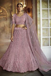 Picture of Ideal Pink Colored Party Wear Embroidered Net Lehenga Choli