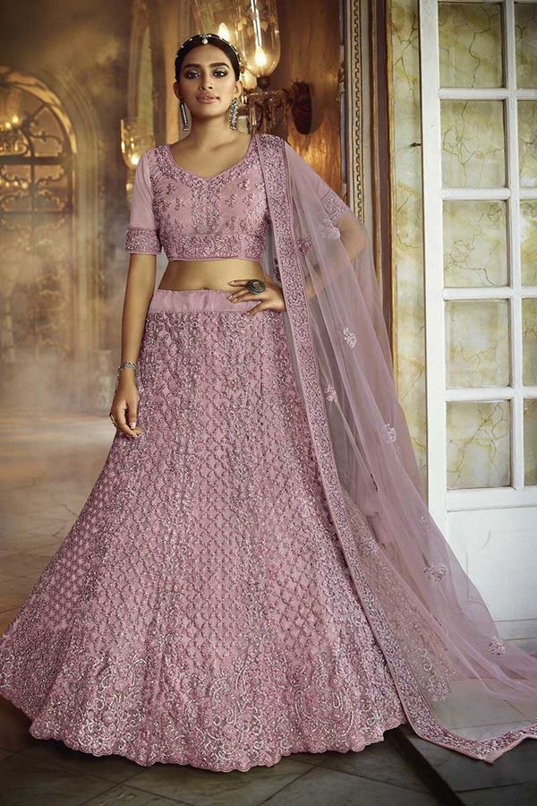 Picture of Ideal Pink Colored Party Wear Embroidered Net Lehenga Choli