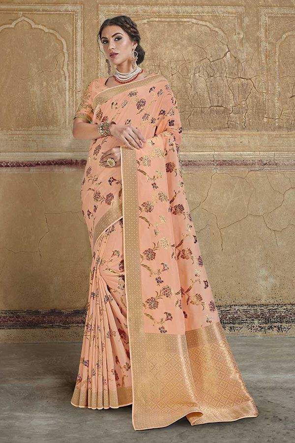 Picture of Beautiful Peach Colored Dola Silk Wedding Saree With Tassels
