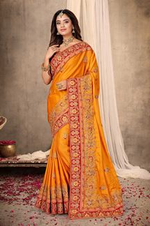 Picture of Excellent Mustard Colored Festive Wear Satin Saree