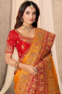 Picture of Excellent Mustard Colored Festive Wear Satin Saree