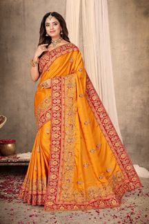 Picture of Excellent Mustard Colored Festive Wear Satin Saree