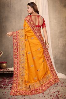 Picture of Excellent Mustard Colored Festive Wear Satin Saree