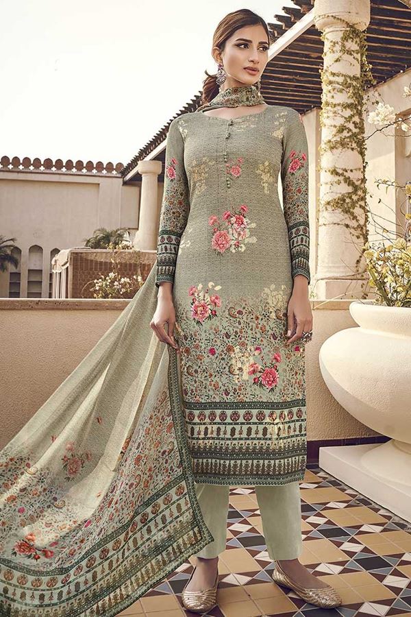 Picture of Refreshing Green Colored Silk Printed Suit (Unstitched suit)