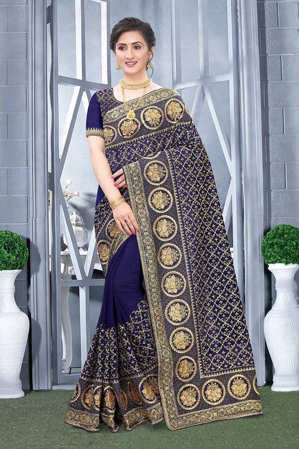 Picture of Navy blue Colored Vichitra Blooming Silk