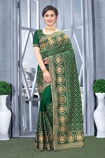 Picture of Bottle Green Colored Vichitra Blooming Silk