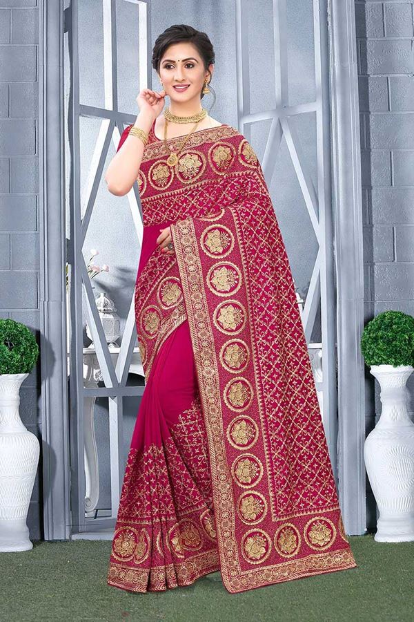 Picture of Rani Pink Colored Vichitra Blooming Silk