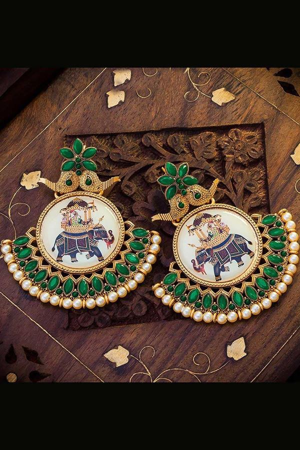 Picture of Trendy Green Colored Designer Hand painted Dangler Earrings