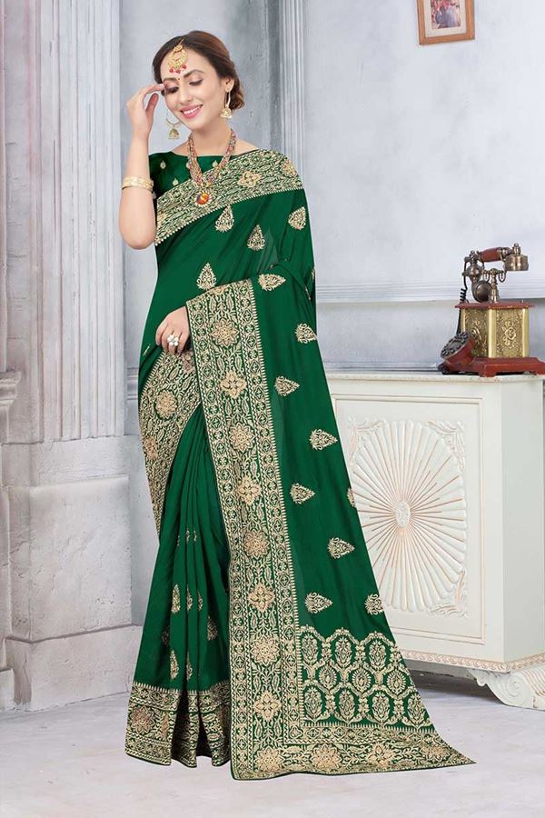Picture of Bottle Green Colored Partywear Vichitra Blooming Silk